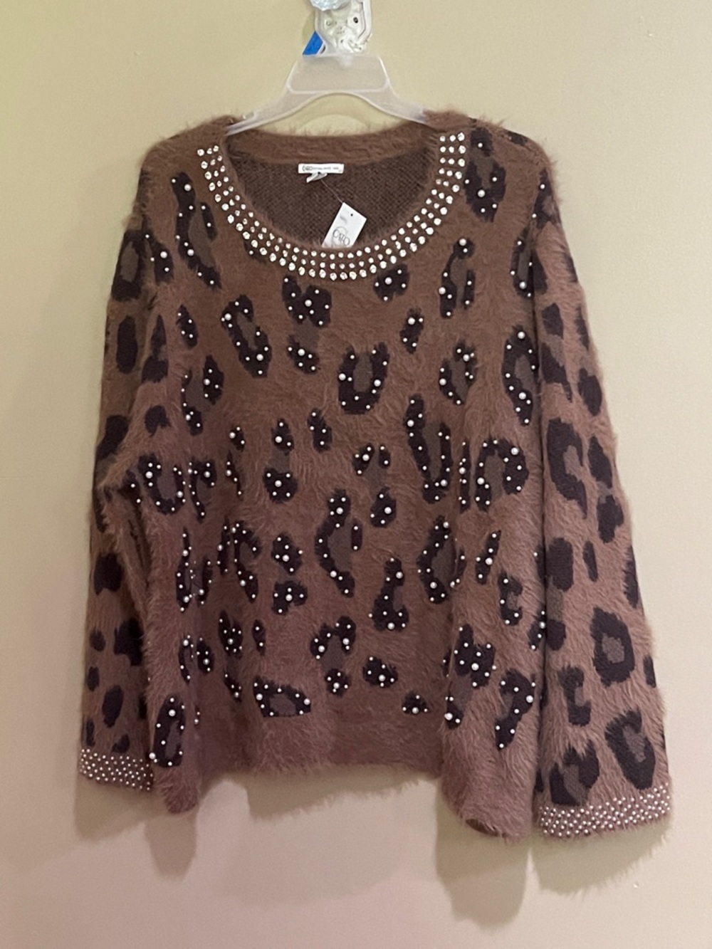Brown Leopard Print pearl rhinestones Embellished Women's Sweater